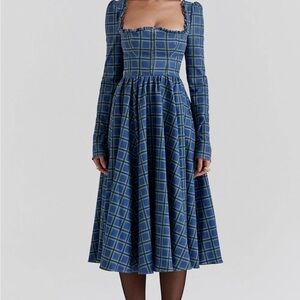 House of CB DELIA Blue Tartan Midi Dress